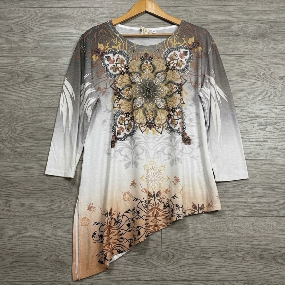 Jess & Jane Asymmetrical Tunic Top Rhinestones Boho Artsy Mandala Womens XL